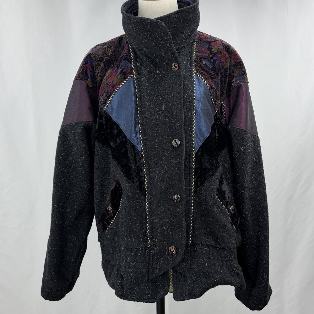 Vintage 80s Karizma East Jacket Coat 80s Colorblock Wool Silk Velvet L Large